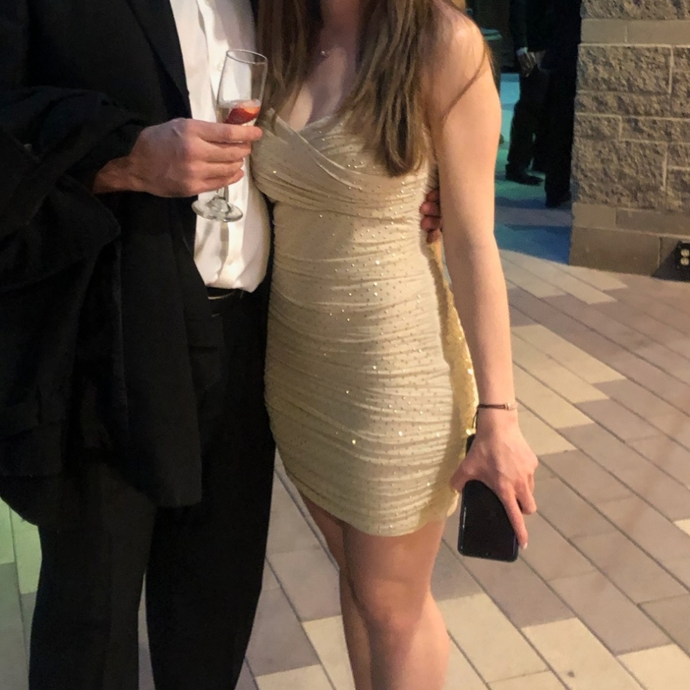 Bebe gold stud sparkly strapless mini dress beige mesh - Picture 5 of 10